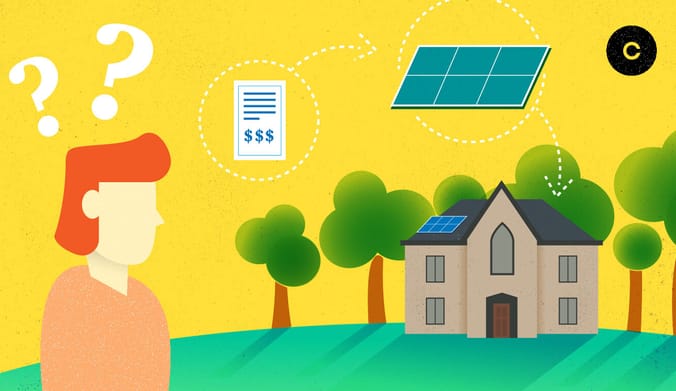 A stylized illustration of a human figure with red hair looking at a house and solar panels.