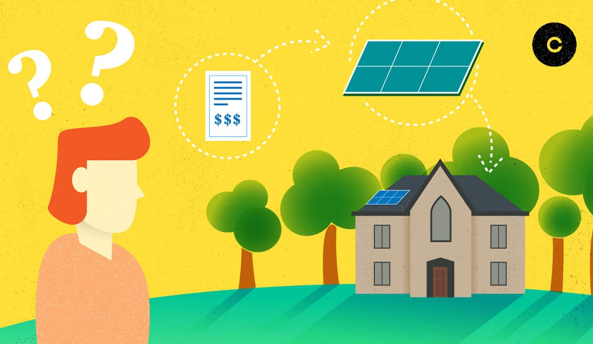 A stylized illustration of a human figure with red hair looking at a house and solar panels.