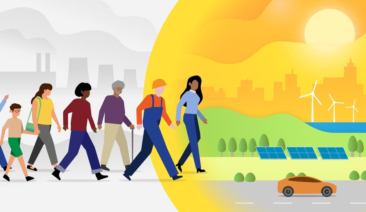 Cartoon of diverse group walking away from a fossil fuel past toward a clean energy future.