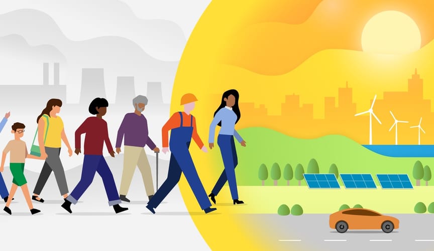 Cartoon of diverse group walking away from a fossil fuel past toward a clean energy future.