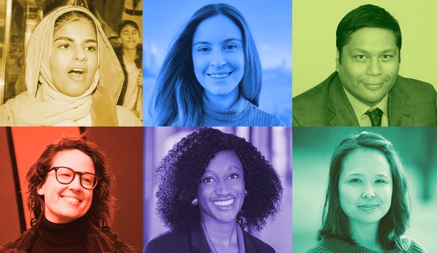 A panel of six photos of people with different skin tones and hair lengths with color overlays.