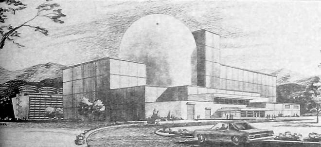 A black and white drawing of a nuclear facility with a cylindrical dome at the center