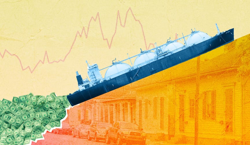 A stylized graphic showing an LNG tanker, a pile of US dollars and modest houses against yellow background with a spiky graph