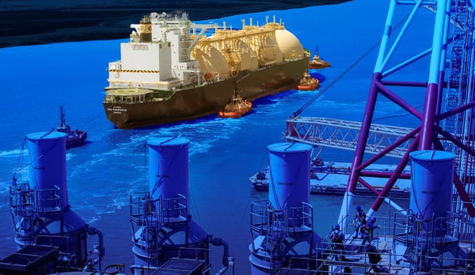 An LNG tanker in the ocean close to a terminal