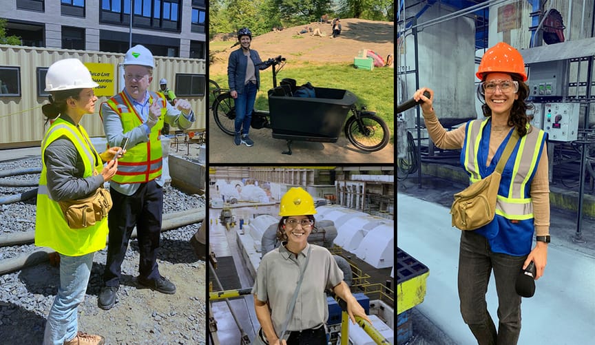 four photos of woman in hardhat at factories and construction sites