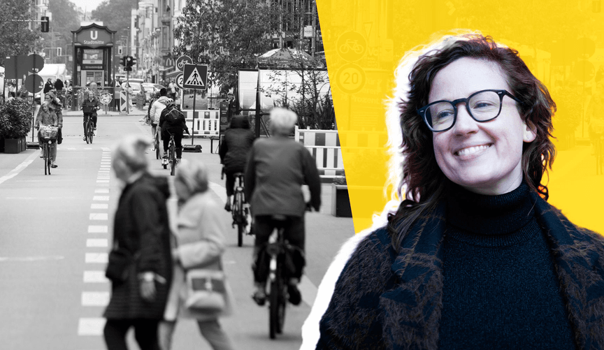 A woman with shoulder-length brown hair and glasses is shown next to a street scene of people walking and riding bicycles