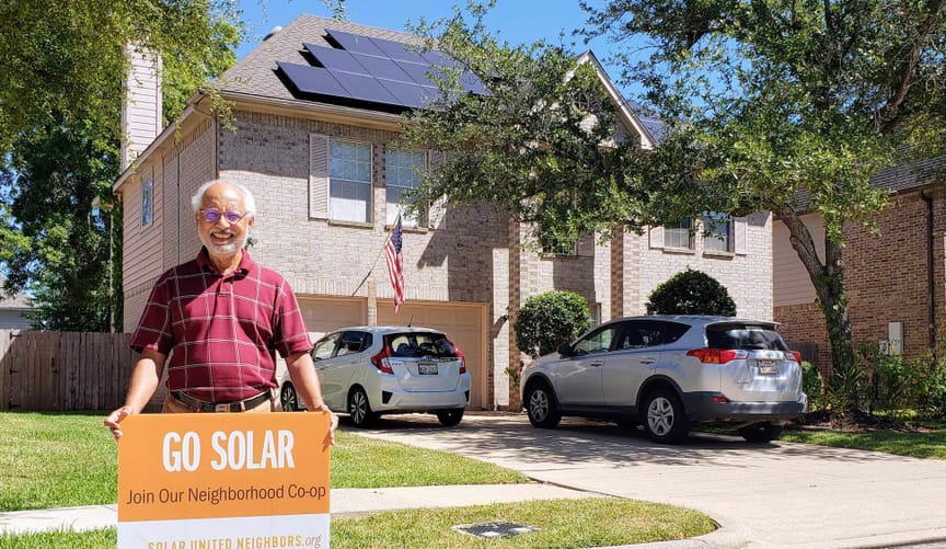 Solar United Neighbors co-op member Mohammed Nasrullah in front of his Houston-area home