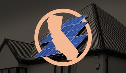 An illustrated image of the state of California with some solar panels and a super imposed no symbol