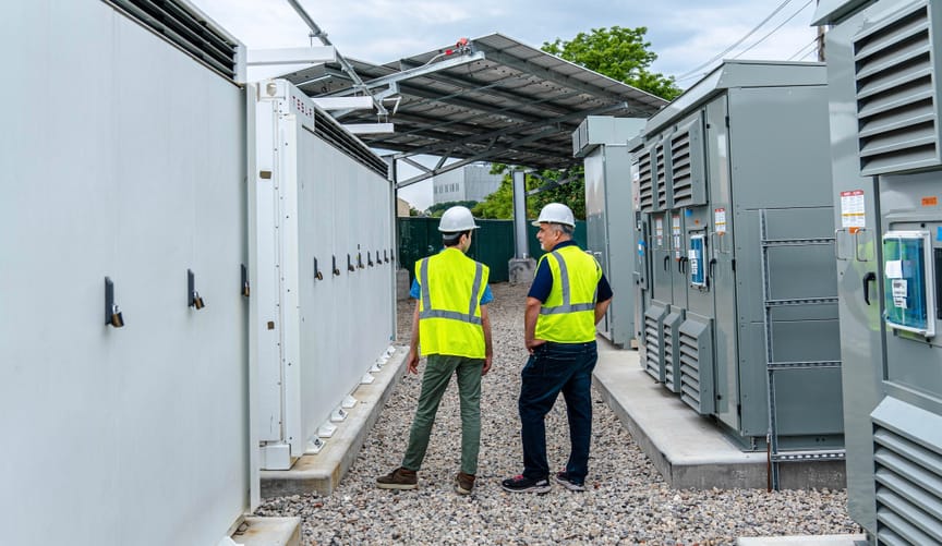 Two men in safety vests and hard hats stand in a row of large metal boxes