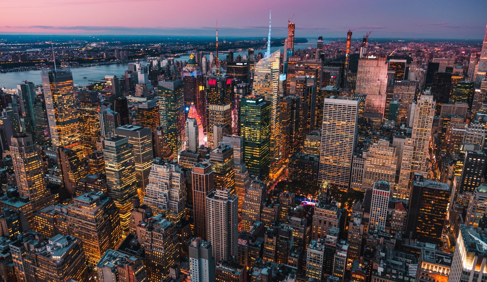 An aerial view of Manhattan at sunset