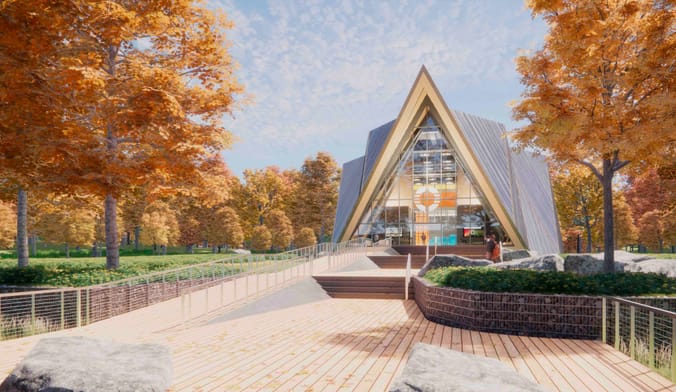 gauzy rendering of ski-chalet-shaped building among autumn-colored trees