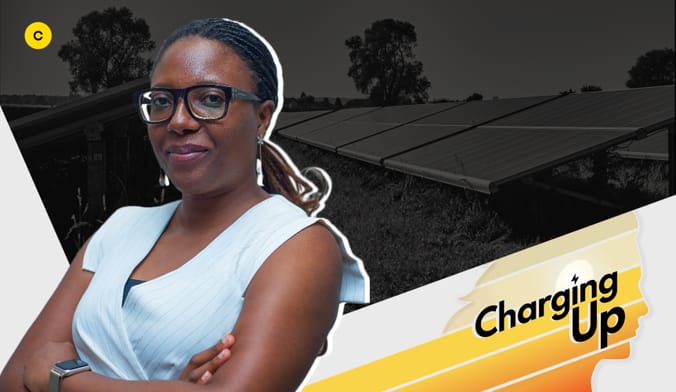 A Black woman with pulled-back dark hair and glasses wearing a sleeveless blue top is shown in front of the words Charging UP