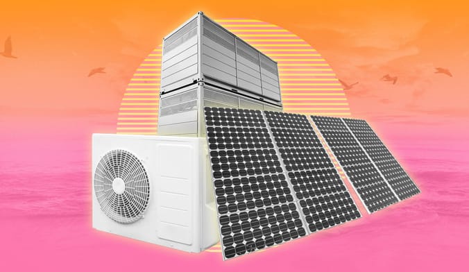 A photo collage of a heat pump, solar panels and energy storage batteries. The background is a pink sunrise illustration.