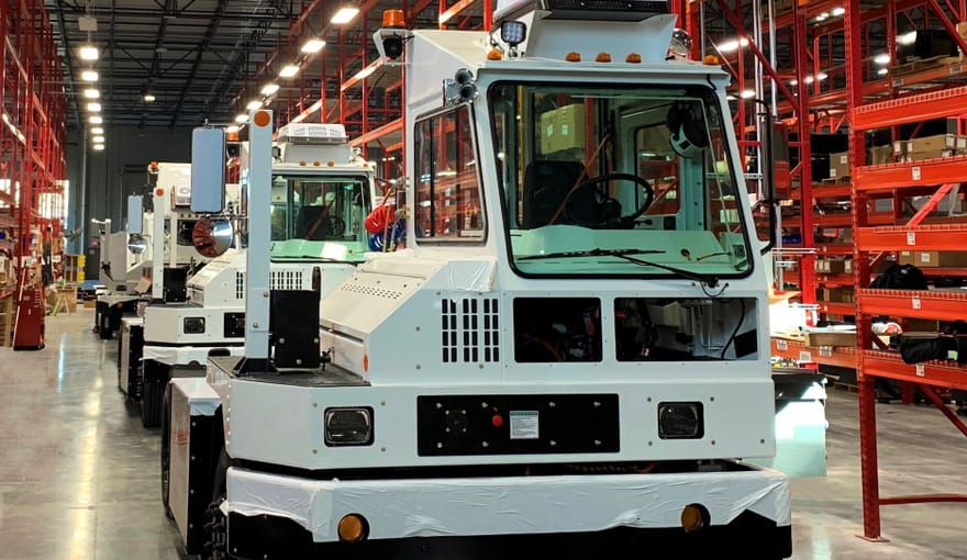 OrangeEV electric terminal tractor on the company's assembly line in Riverside, Missouri
