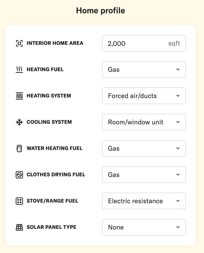 A screenshot of text describing the profile of a home, including fields for size, heating fuel, and heating system.