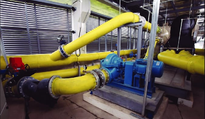 Large yellow pipes with large diameters and smooth transitions.