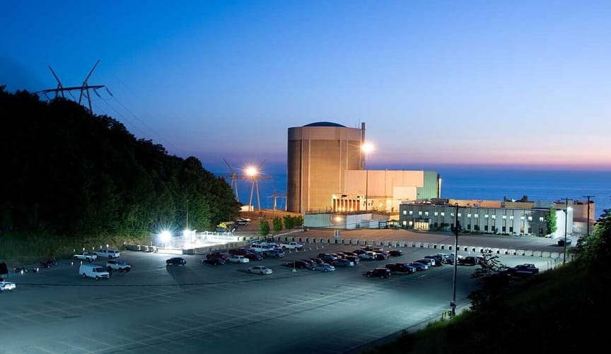 A large nuclear facility at twilight