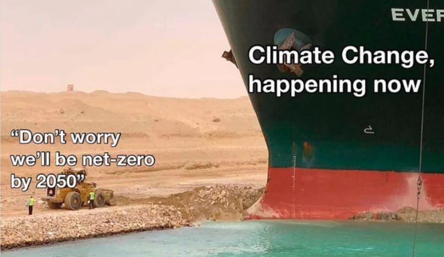 A picture of a big boat with the words "climate change happening now" running aground near a group of workers with a tractor