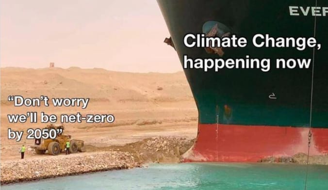 A picture of a big boat with the words "climate change happening now" running aground near a group of workers with a tractor