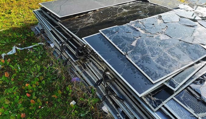 A stack of broken solar panels