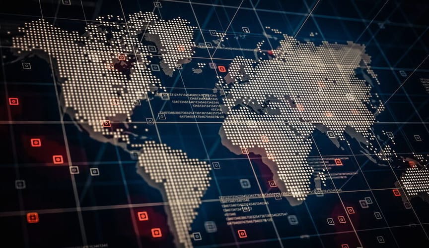 A stylized digital map of the world