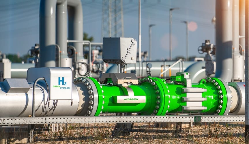 A rendering of a pipeline at a green hydrogen manufacturing facility