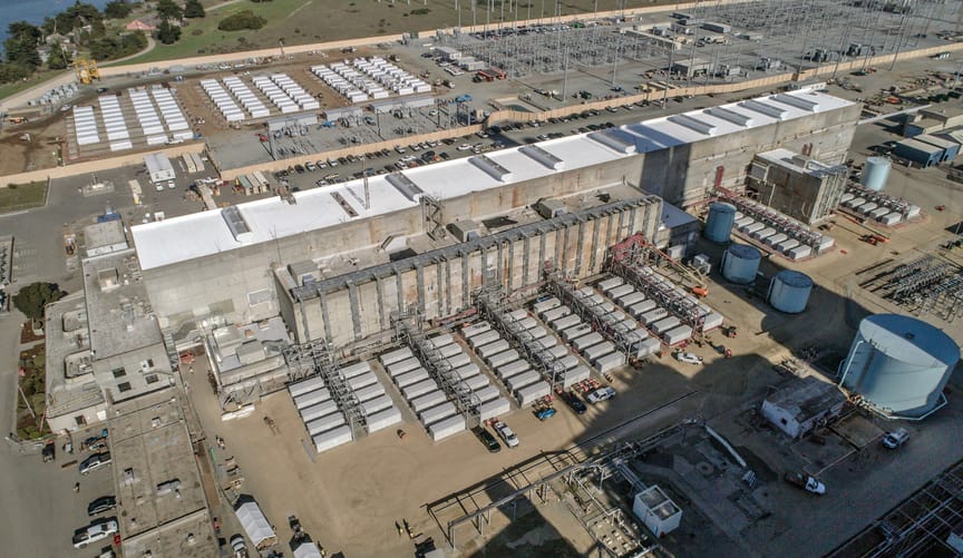 Aerial view of the moss landing battery complex, a large energy storage facility
