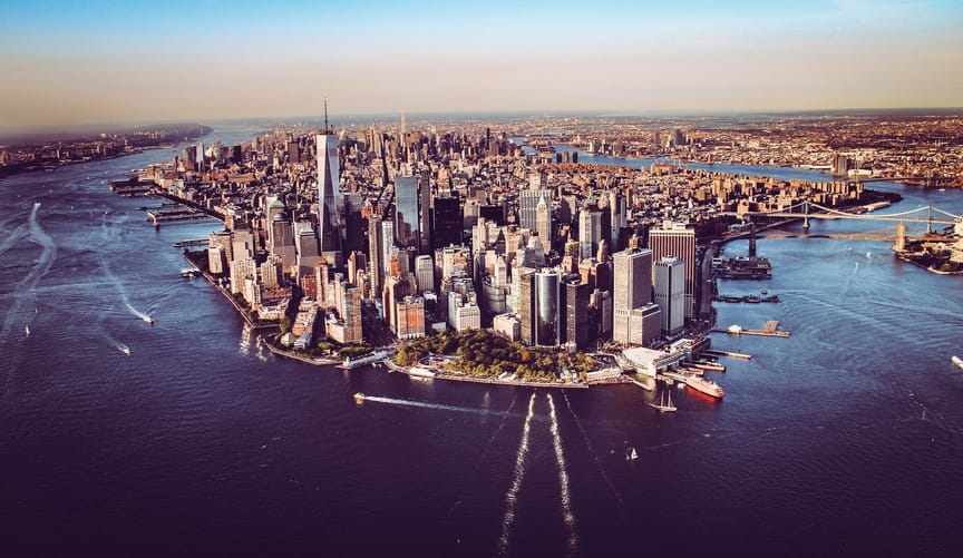 An aerial image of skyscrapers in Manhattan
