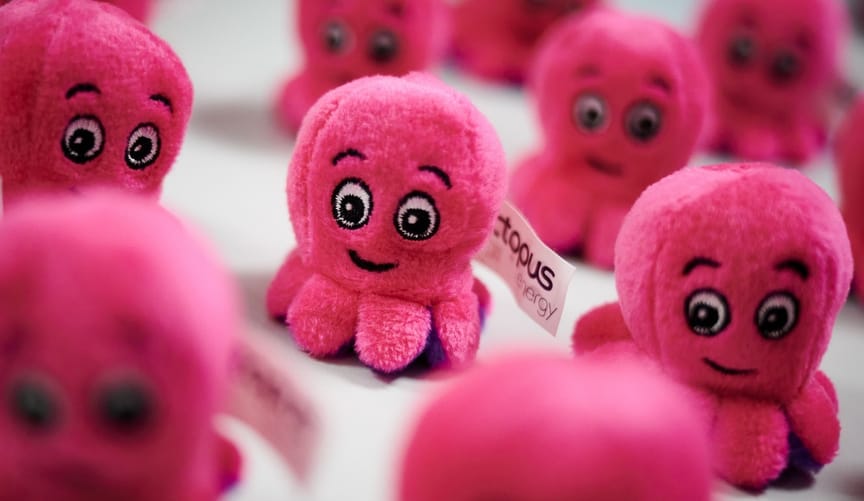 A bunch of pink octopus promotional plushies sit on a table