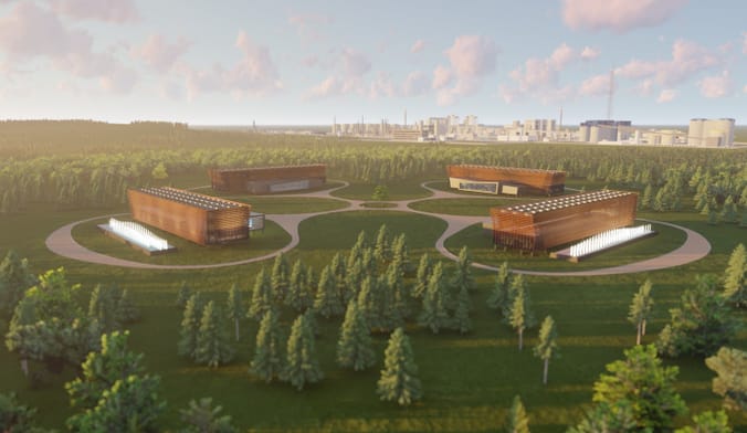 An artist's rendering of a small nuclear plant comprising four buildings on a forested site with a city in the background
