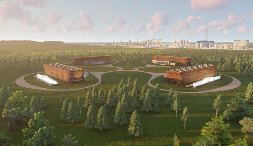 An artist's rendering of a small nuclear plant comprising four buildings on a forested site with a city in the background