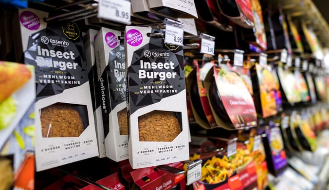 A chilled shelf in a grocery store with packs of food labeled insect burger