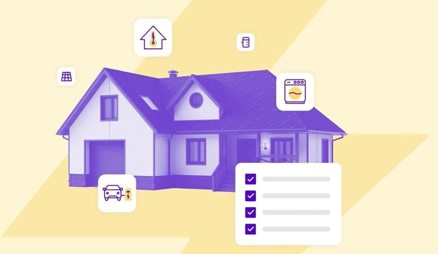 A graphic of a single family home in purple hues and a checklist with checked-off boxes.