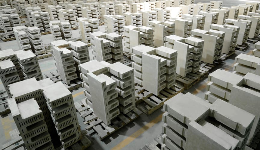 A large warehouse space filled with stacks of gray cement bricks. They have unusual dentiform protuberances.