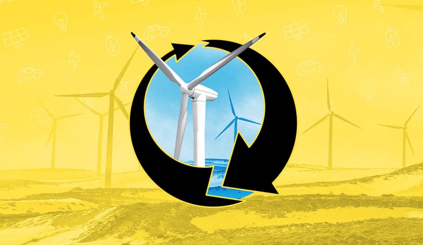 an illustration of wind turbines amid a yellow background with black arrows in a circular shape in the center of the image
