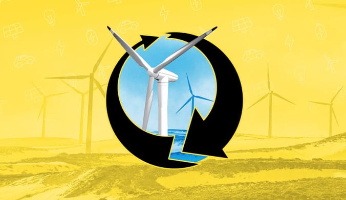 an illustration of wind turbines amid a yellow background with black arrows in a circular shape in the center of the image