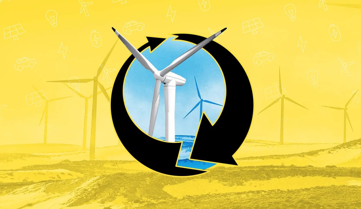 an illustration of wind turbines amid a yellow background with black arrows in a circular shape in the center of the image