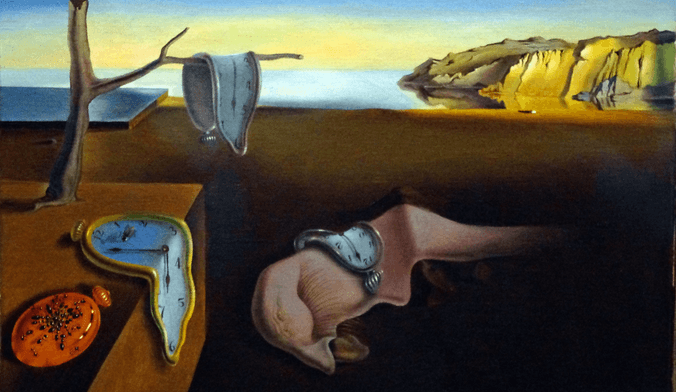 a painting of clocks melting in a surrealist outdoor landscape