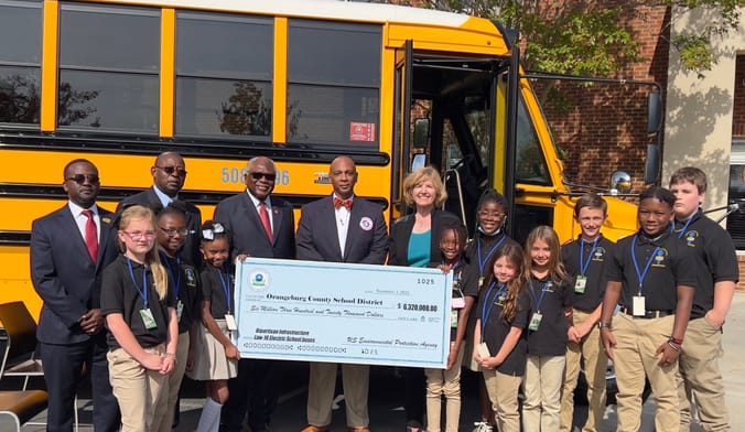 Electric school bus at press event in South Carolina