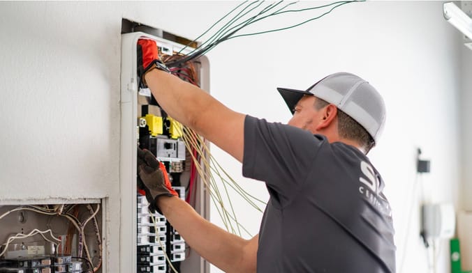 An electrician installing a Span smart electric panel.