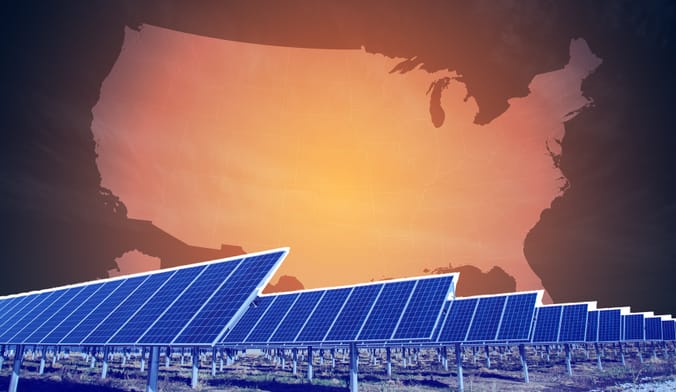 At top is an orange map of the United states. At bottom is a large solar array.