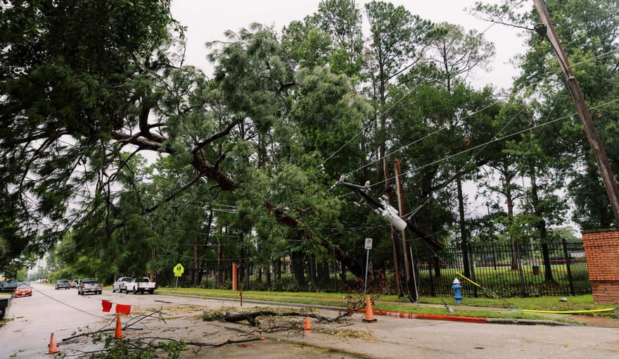 Power poles knocked down by Hurricane Beryl in Harris County, Texas.