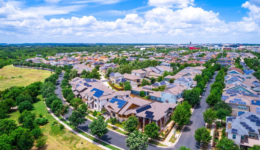 Residential neighborhood with solar rooftops