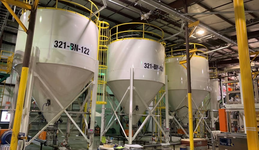 Graphite storage bins at Syrah Technologies' Vidalia, Louisiana active anode material processing facility