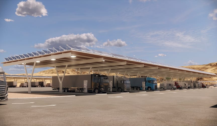 Artist rendering of a large electric vehicle charging depot with many large trucks charging up