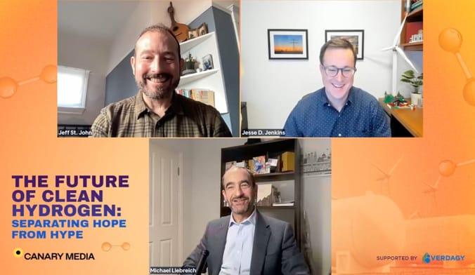 A graphic showing three men engaged in a video chat next to the words THE FUTURE OF CLEAN HYDROGEN: SEPARATING HOPE FROM HYPE