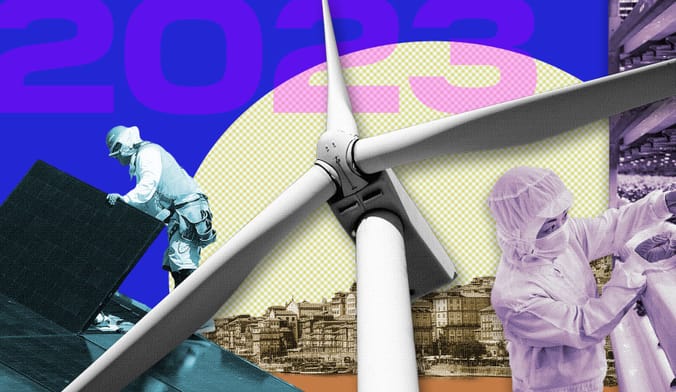 A collage showing workers installing and manufacturing solar panels and a wind turbine. The year 2023 is overlaid in pink.