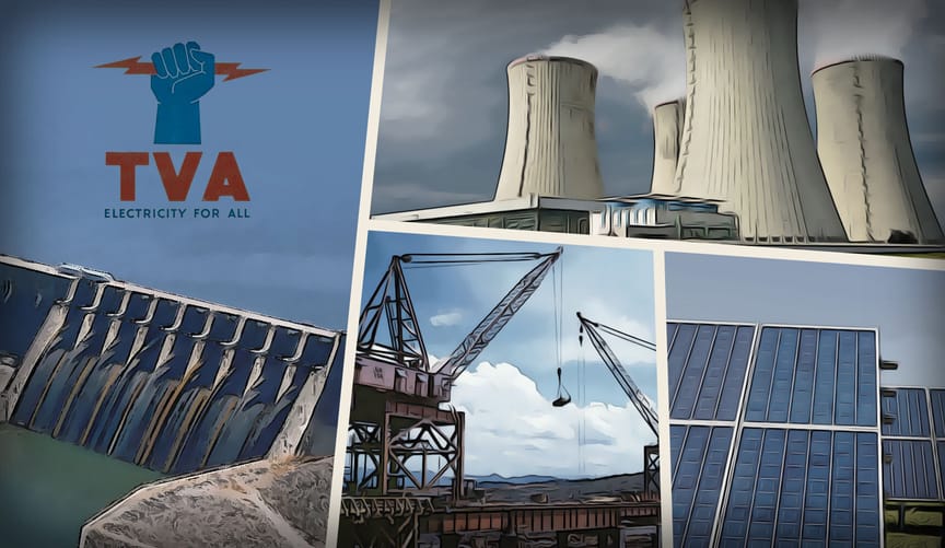 A montage of photos, including a vintage TVA logo, a dam, a nuclear plant, cranes building a dam, and a solar farm