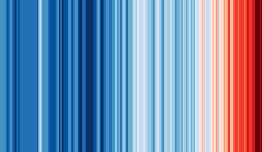 A graphic of vertical stripes that shift in color from dark blue on the left side to dark red on the right side