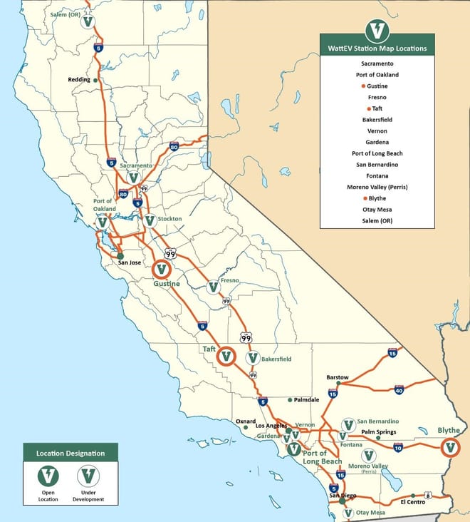 Map of WattEV electric truck charging depots planned in California and Oregon